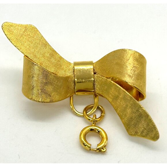 Gold-tone Bow Brooch Dangling Green Malachite Heart Pendant Sweetheart Valentine - Picture 12 of 16